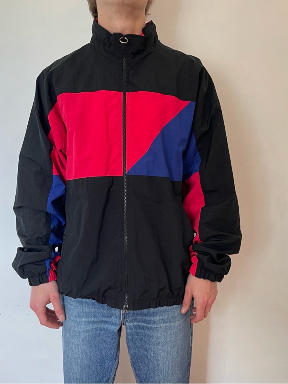 Vintage Black Windbreaker with Red & Blue Colorblock Panels
